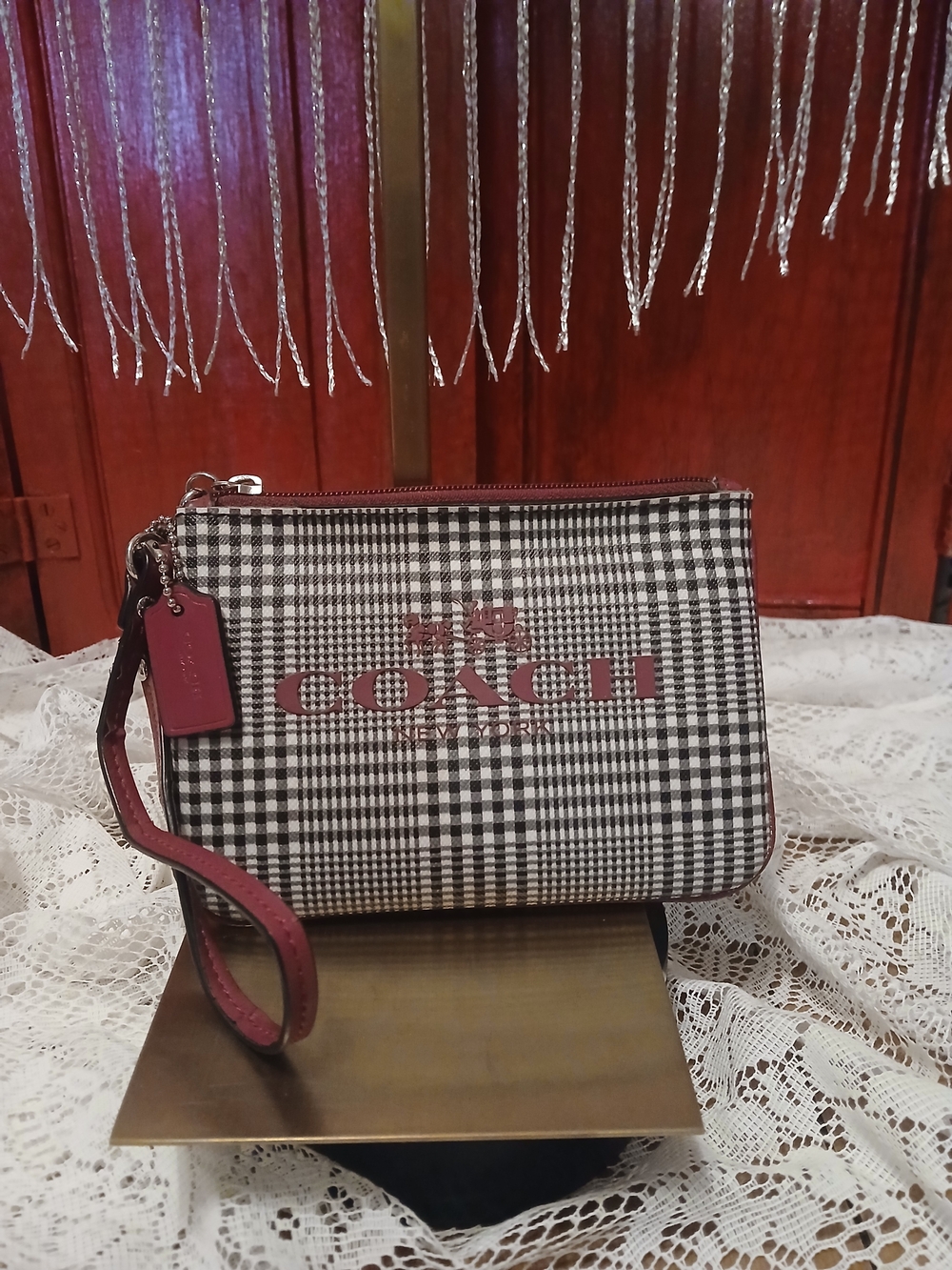 Coach Peyton Glen Plaid Wristlet with Cranberry Accent